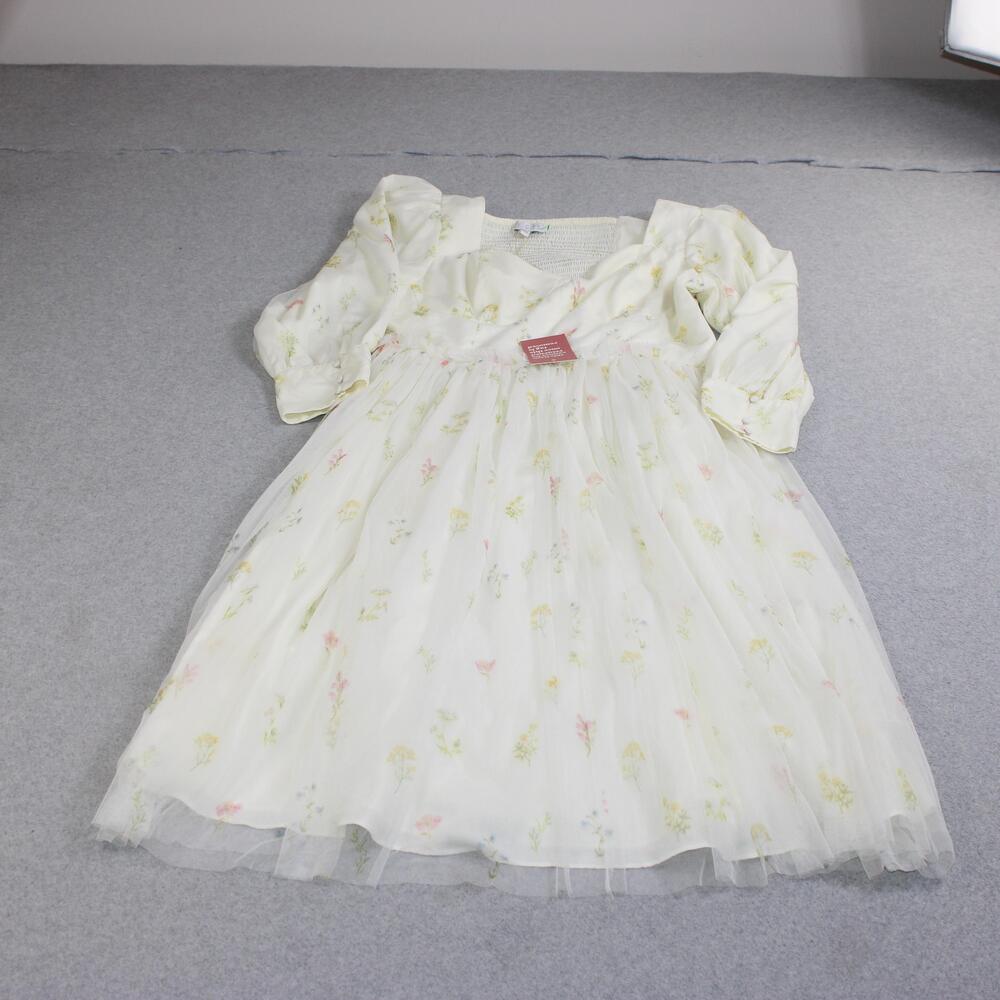 Ivy City Co Dress Women XXL Yellow Floral Tulle Midi Puff Sleeve Boho Romantic